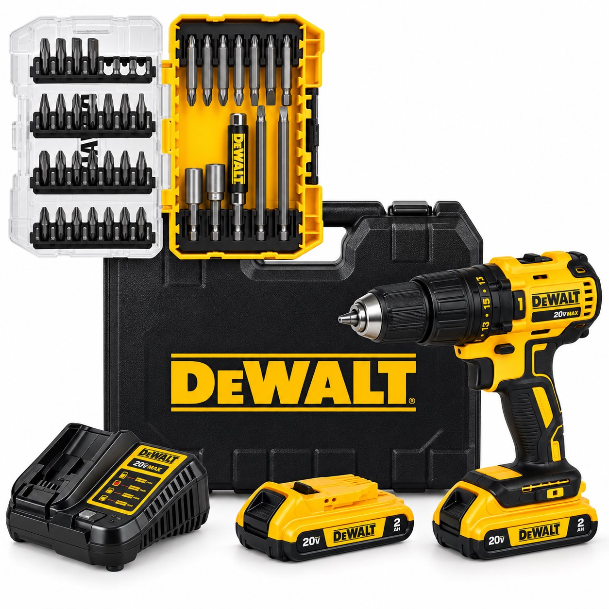Kit DeWalt 20V com parafusadeira, duas baterias, carregador, maleta e jogo de bits